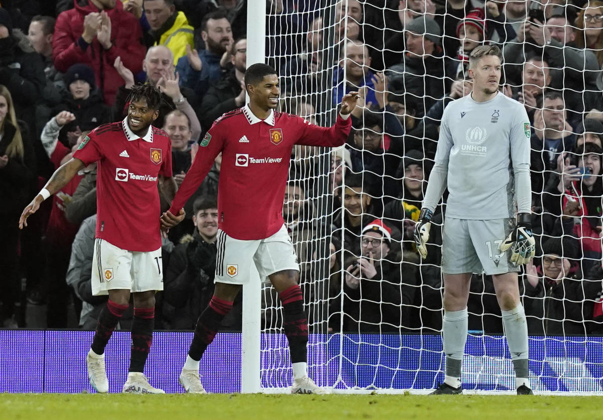 Fred (left) pictured celebrating his goal with Marcus Rashford (center) during Manchester United's 2-0 win over Nottingham Forest in the second leg of their EFL Cup semi-final in February 2023